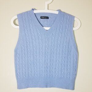 Women's V-Neck Knit Sweater Vest Blue Sleeveless Crop Knit Pullover